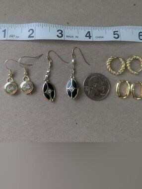 4 Gold Tone Women's Earrings Set - Black and Gold Accents, Small, And Dangle